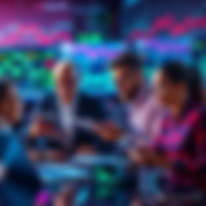 Group of investors examining data on AI stocks on laptops and tablets, showing enthusiasm and focus.