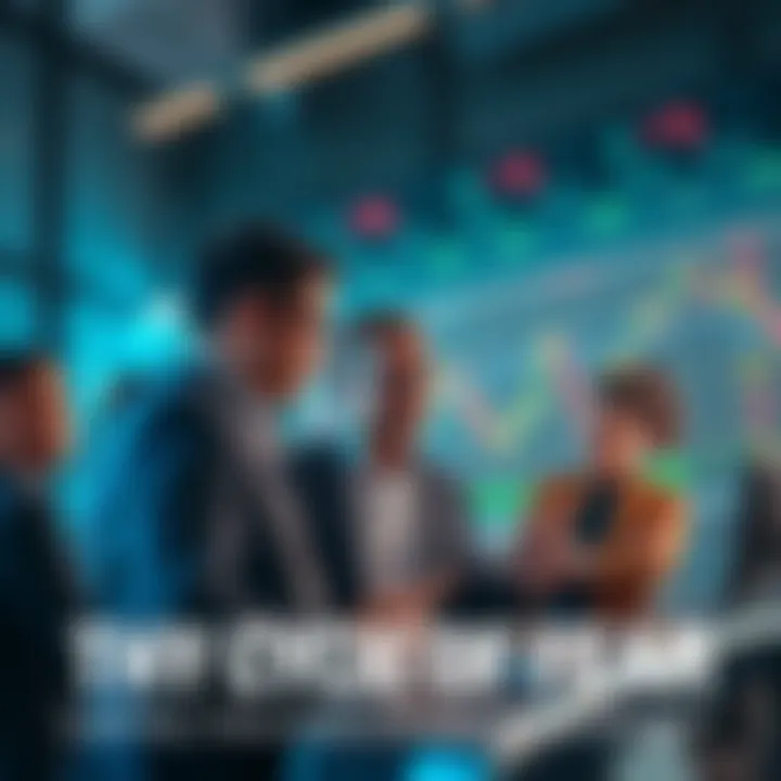 Group of investors looking at a chart showing declining crypto prices while discussing potential strategies