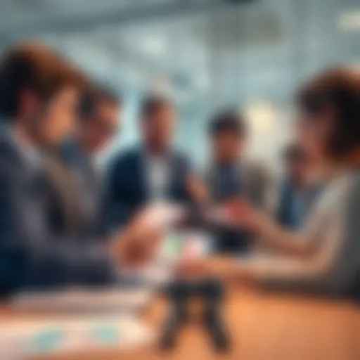 A group of investors examining charts and discussing strategies related to the four year investment cycle in a modern office setting