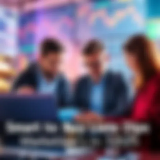 A group of investors looking at financial charts and graphs on a laptop, discussing strategies to buy during market dips.