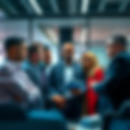 A group of diverse investors discussing strategies related to Bitcoin ETFs in a modern office setting.