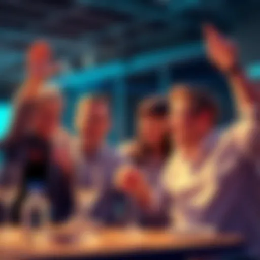 A group of happy investors discussing and celebrating their successful purchases during market dips