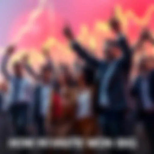 Group of diverse investors celebrating the success of tech companies like SpaceX and NVIDIA with graphs showing rising stock prices in the background.