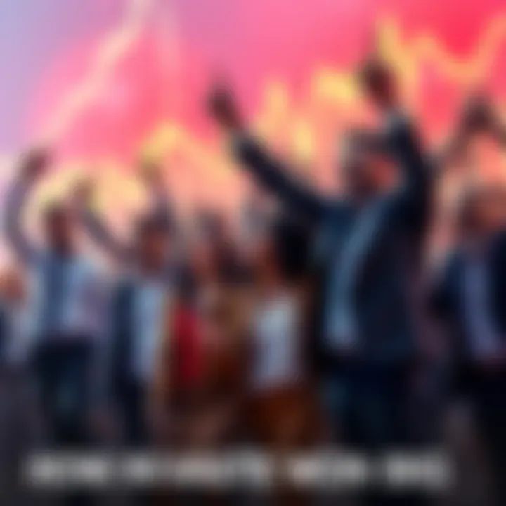 Investors Celebrating Tech Success Group of diverse investors celebrating the success of tech companies like SpaceX and NVIDIA with graphs showing rising stock prices in the background.