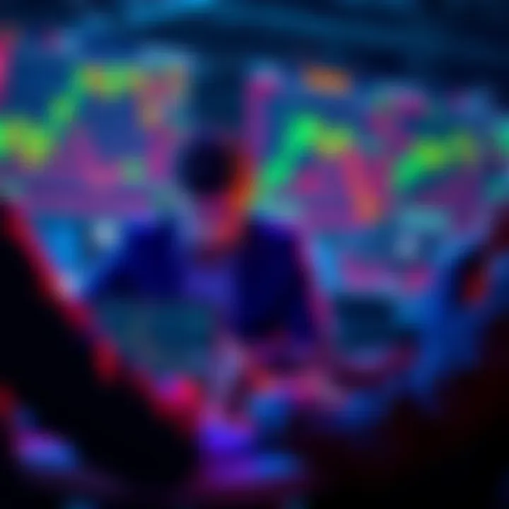 A group of investors studying cryptocurrency charts on laptops and phones, discussing market trends during a slump