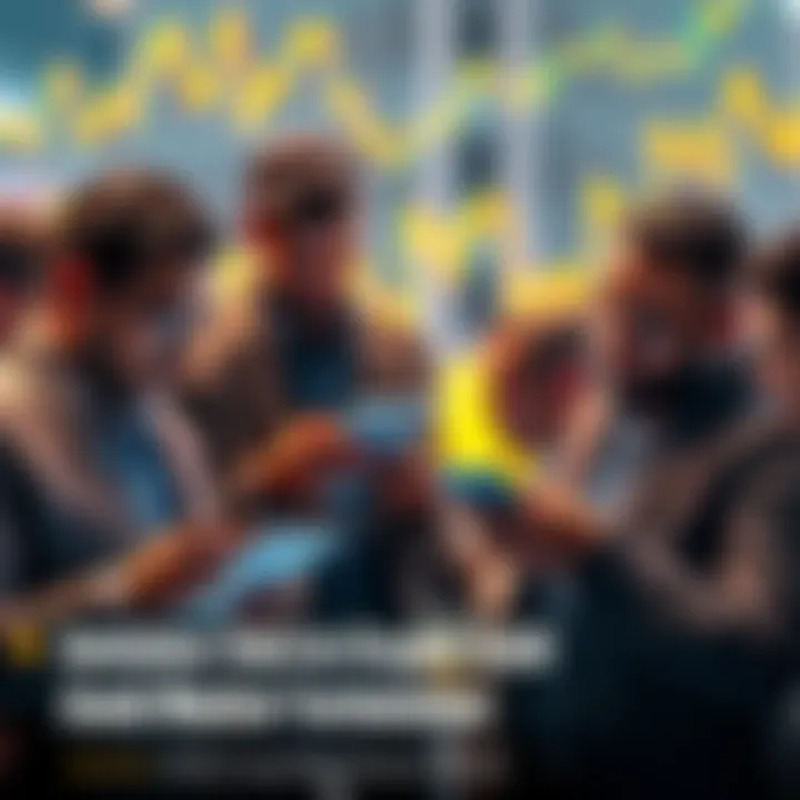 A group of diverse investors analyzing cryptocurrency gold trends on digital devices, showing charts and market data amid a backdrop of a fluctuating market.