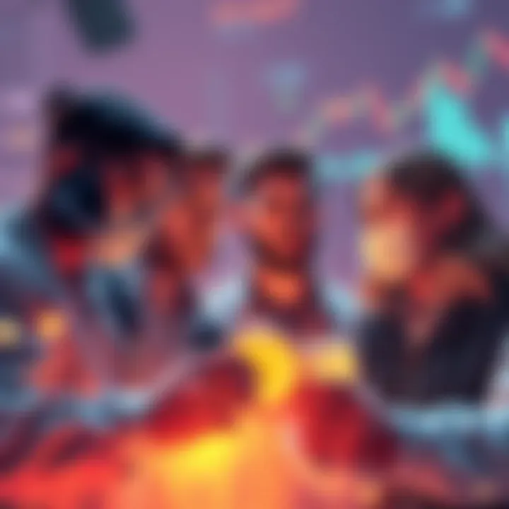 A group of investors looks at charts showing a decline in altcoin values, with expressions of concern and hope for future recovery.