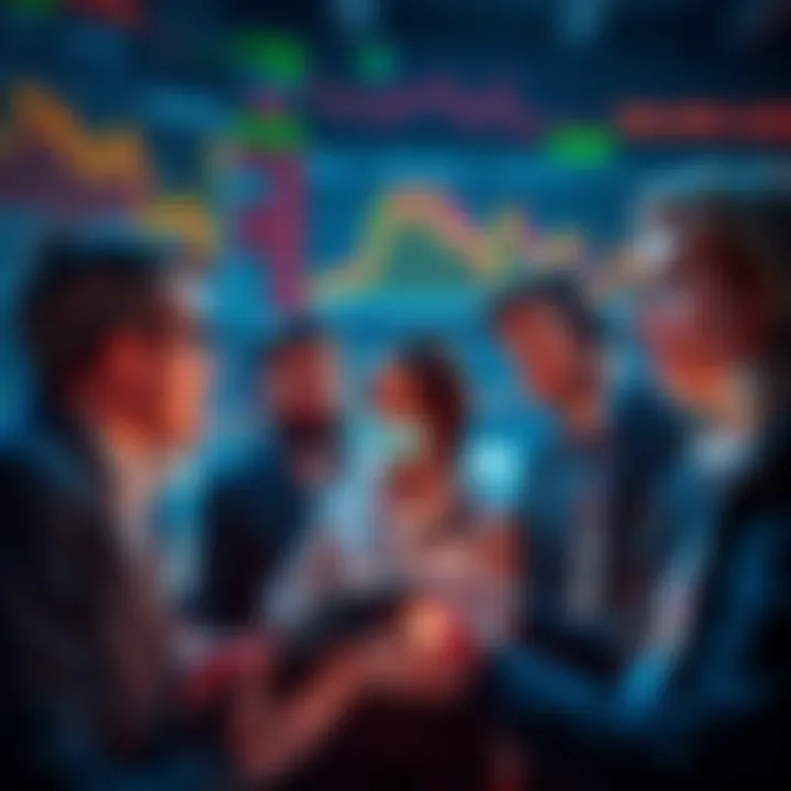 A group of anxious investors looking at declining stock charts, reflecting fear and uncertainty as major investors exit the market.