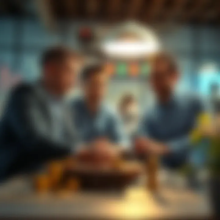 A group of investors discussing low-cost tokens under .000009 in a casual setting, with charts and graphs visible on a laptop