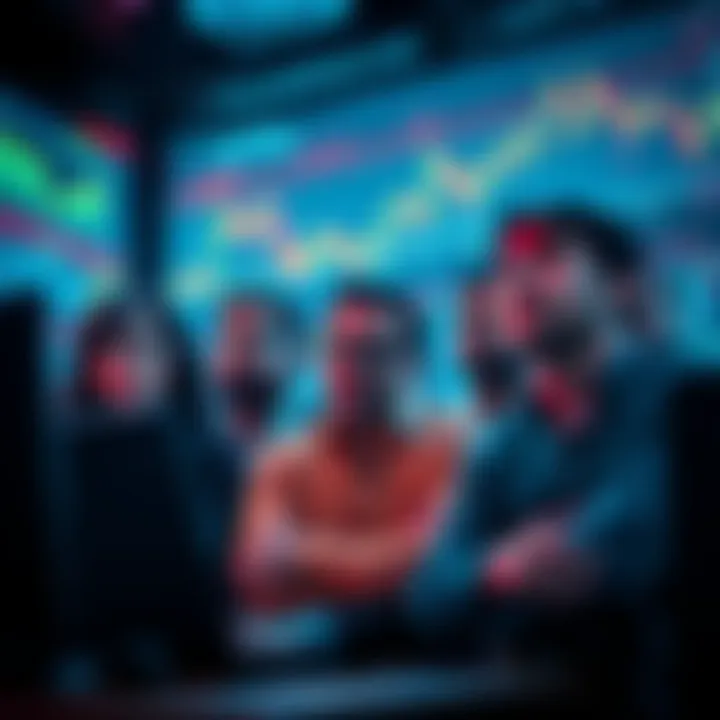 A group of anxious investors watching market charts and graphs, looking worried as prices drop.