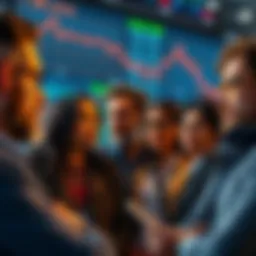 A group of diverse investors looking concerned and discussing while watching a stock market screen showing downtrends, reflecting their different emotional responses to bear market conditions