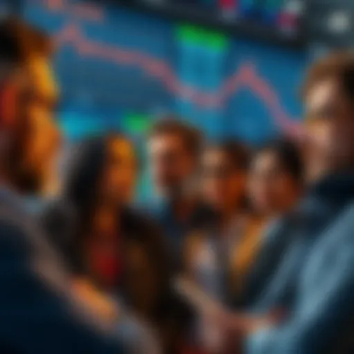 A group of diverse investors looking concerned and discussing while watching a stock market screen showing downtrends, reflecting their different emotional responses to bear market conditions