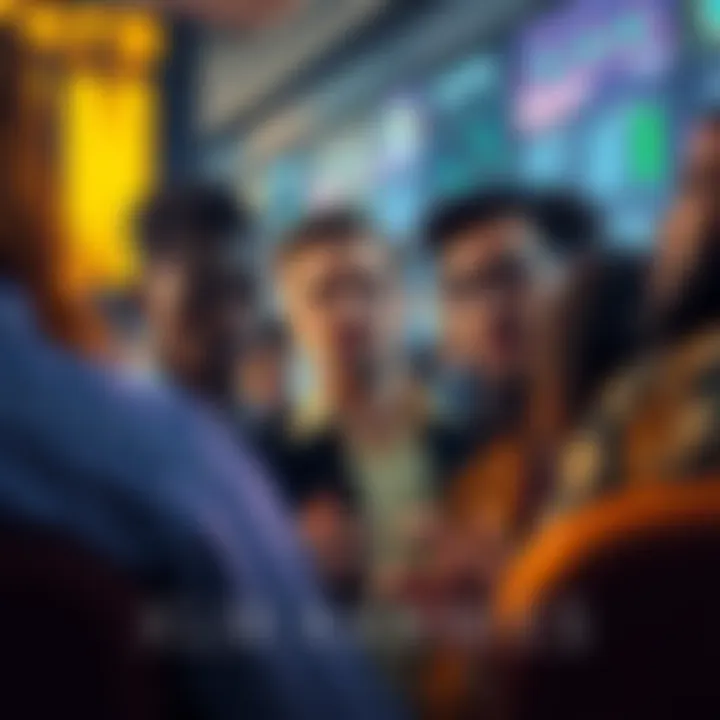 Investors Reacting to Market Changes A group of anxious investors discussing recent XLM market shifts, showing mixed emotions of worry and regret.