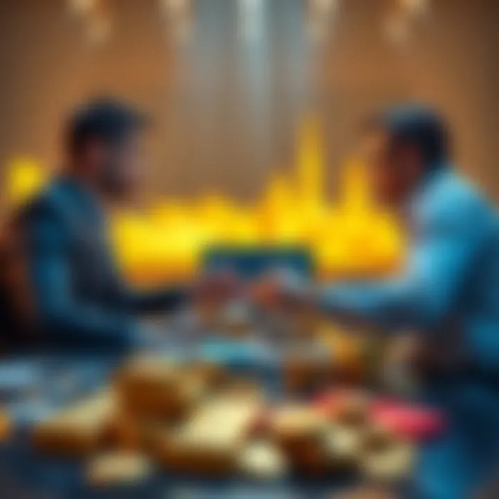 Group of investors discussing the shift from altcoins to traditional assets like gold and silver, with coins and bars displayed on a table.