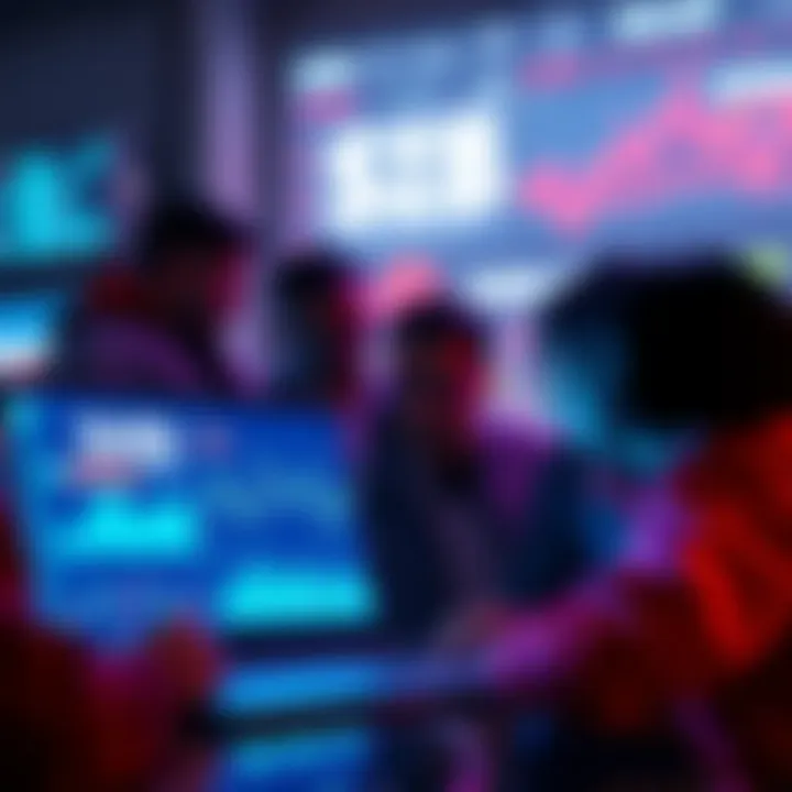 A group of investors looking at charts and graphs of SHIB cryptocurrency on a laptop screen, discussing potential investment strategies.