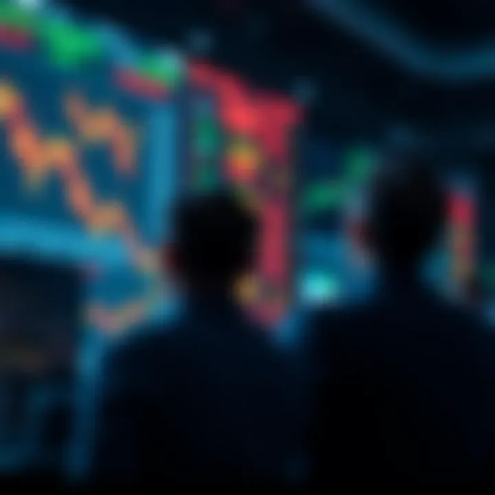 Concerned investors looking at stock market charts on a screen, showing fluctuations and loss