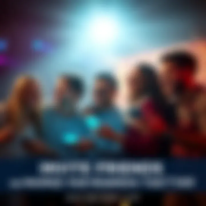 A group of friends celebrating together while discussing rewards on their devices.