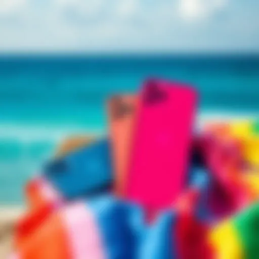 A close-up of the iPhone Duo resting on a colorful beach towel with the ocean in the background, highlighting its dust-resistant features for beachgoers.