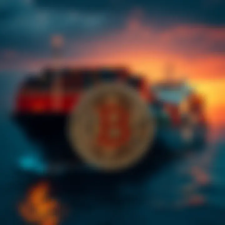 A cargo ship carrying oil with a Bitcoin symbol superimposed, highlighting Iran's new payment method for oil shipping through Hormuz Strait.