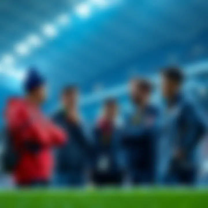 A group of J League fans discussing player card restrictions at a stadium, looking concerned and engaged in conversation.