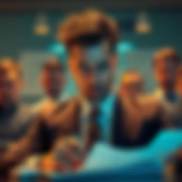 A businessman in a suit looking worried, surrounded by financial documents and concerned investors.