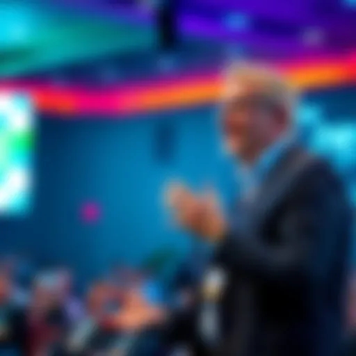 Neuron CEO James Dunthorne discusses the importance of interoperability in tech ecosystems at a conference, engaging with an audience.