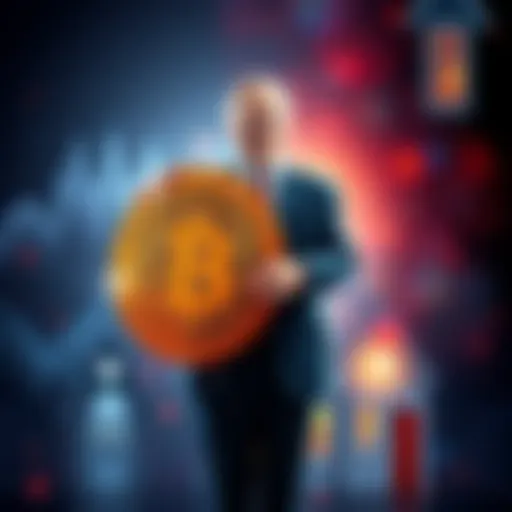 Jamie Dimon stands with a Bitcoin symbol and a house, symbolizing JPMorgan's new mortgage program accepting Bitcoin as collateral.