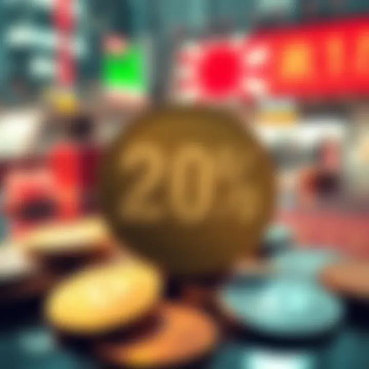 Illustration of a flat 20% tax symbol over digital currency coins with a background representing Japan's financial market.