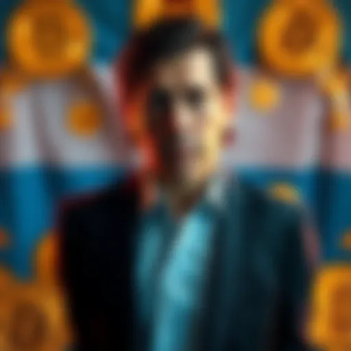 Argentina's President Javier Milei stands with a concerned expression amid cryptocurrency symbols representing LIBRA, highlighting the ongoing scandal.