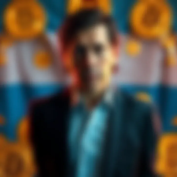 Argentina's President Javier Milei stands with a concerned expression amid cryptocurrency symbols representing LIBRA, highlighting the ongoing scandal.