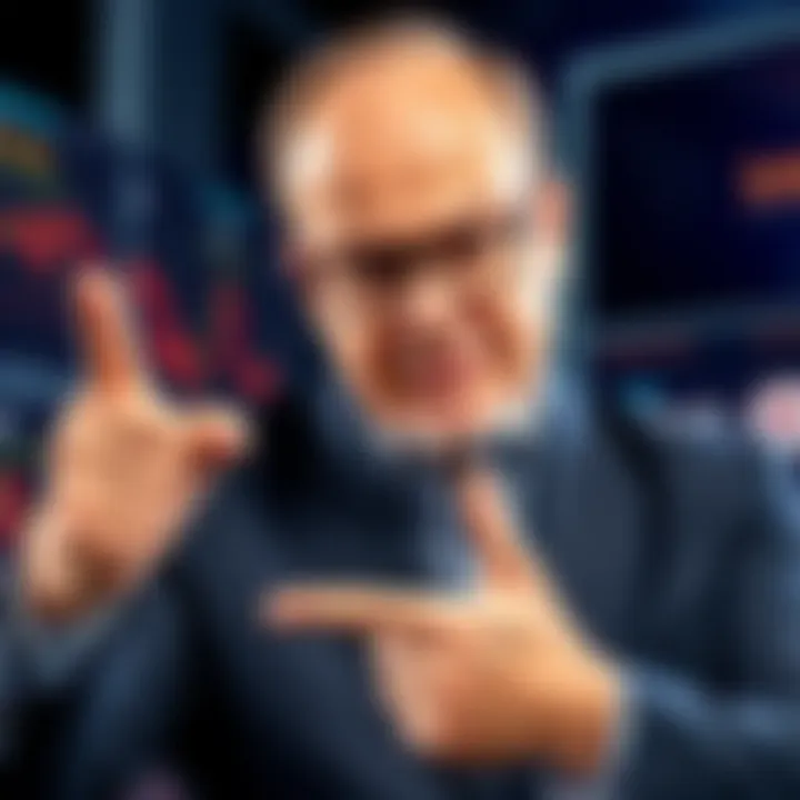 Jim Cramer Predicts Bitcoin Bottom Jim Cramer pointing at a Bitcoin chart with a significant dip marked, showcasing his successful prediction of the market bottom.