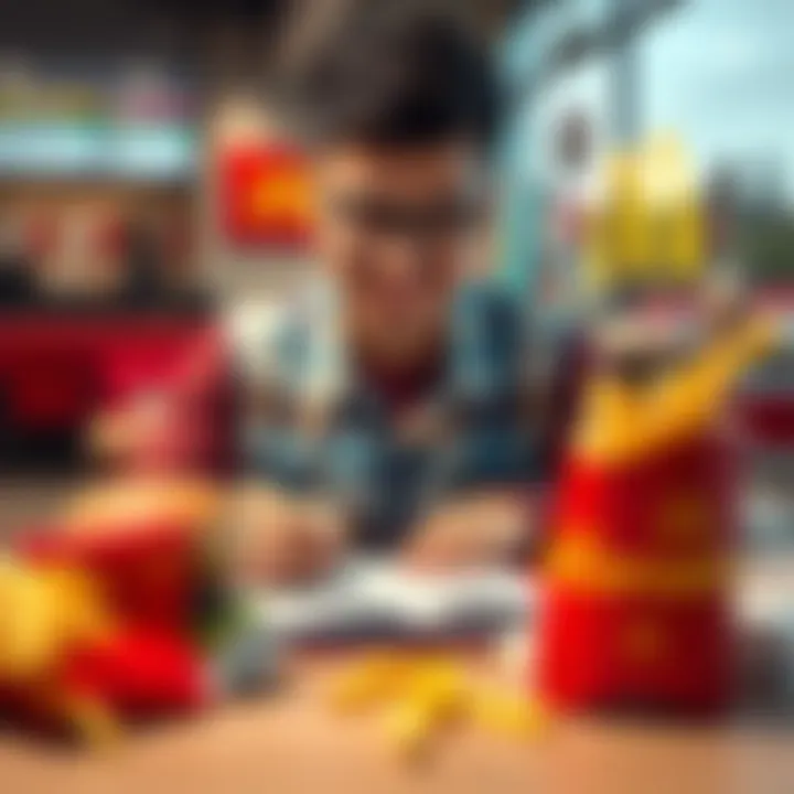 A cheerful person filling out a job application for McDonald's on a desk with a burger and fries nearby