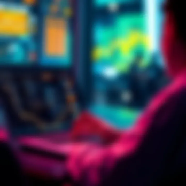 A person looking at job listings on a laptop with crypto-related graphics on the screen.