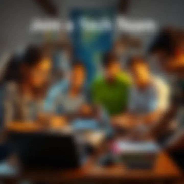 A group of school students collaborating on a tech project, with laptops and coding materials gathered around them, excited to participate in the IIT Kanpur Techkriti festival.