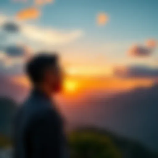A person reflecting on their life journey with a scenic background of mountains and a sunset.