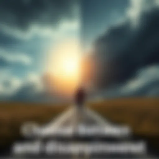 A person standing at a crossroads, contemplating between a bright sunny path and a dark cloudy path, symbolizing the choice between excitement and disappointment.