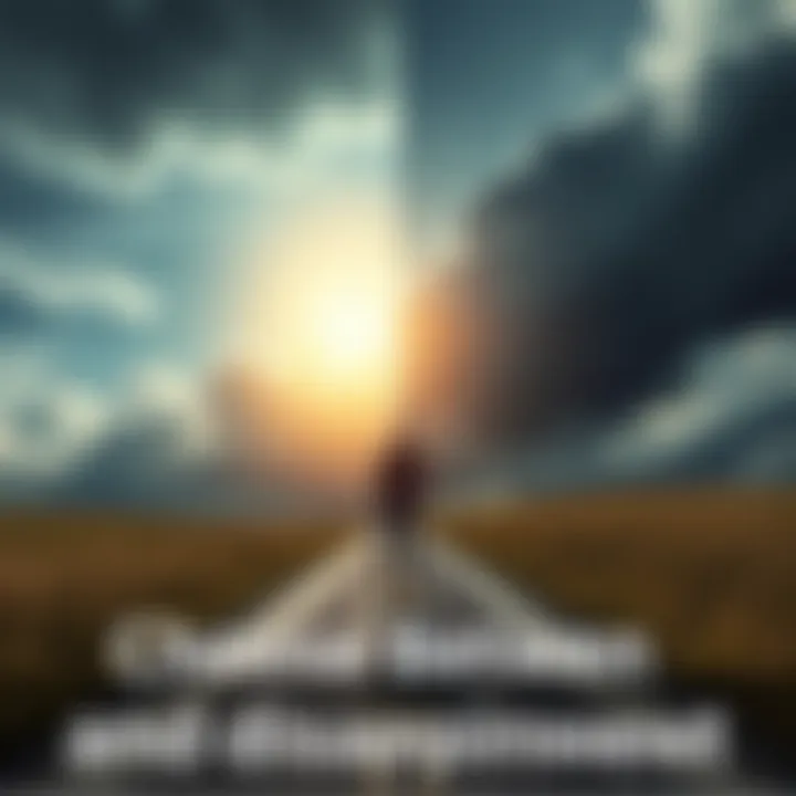 A person standing at a crossroads, contemplating between a bright sunny path and a dark cloudy path, symbolizing the choice between excitement and disappointment.