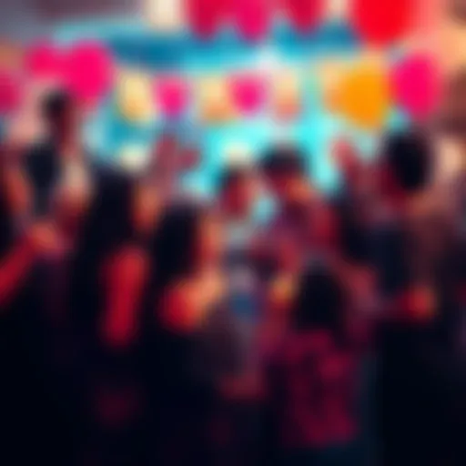 A vibrant gathering of people enjoying a festive party, filled with laughter and love, balloons and decorations around them.