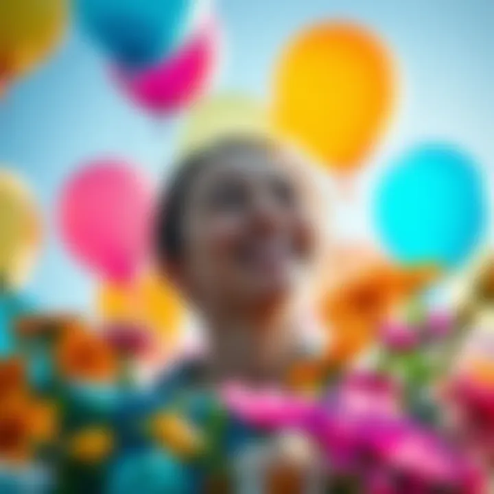 Joyful Transformation A person smiling brightly, surrounded by colorful balloons and flowers, representing hope and happiness after a difficult time.