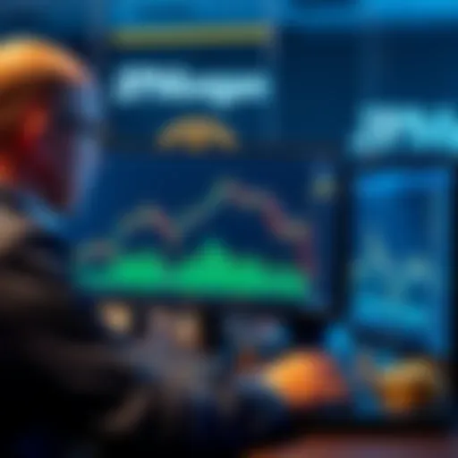 A trader analyzing Bitcoin graphs on a computer screen with JPMorgan branding in the background