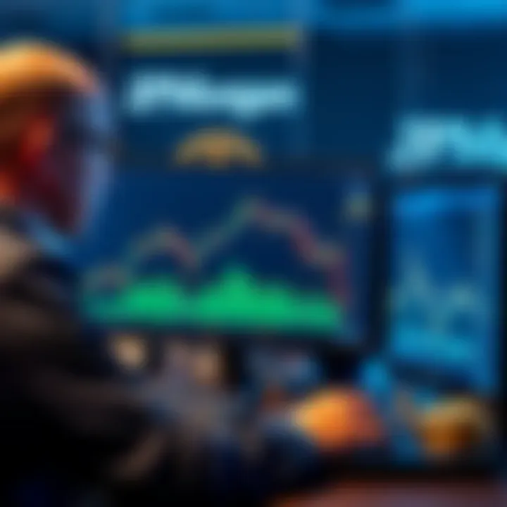 JPMorgan's Bitcoin Trading A trader analyzing Bitcoin graphs on a computer screen with JPMorgan branding in the background