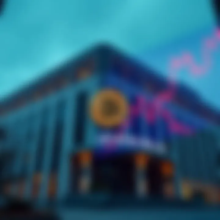 JPMorgan office building with a Bitcoin logo and stock market graphs showing decline