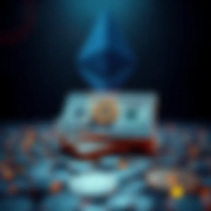 A digital representation of cash being tokenized on the Ethereum blockchain, with JPMorgan's logo in the background.