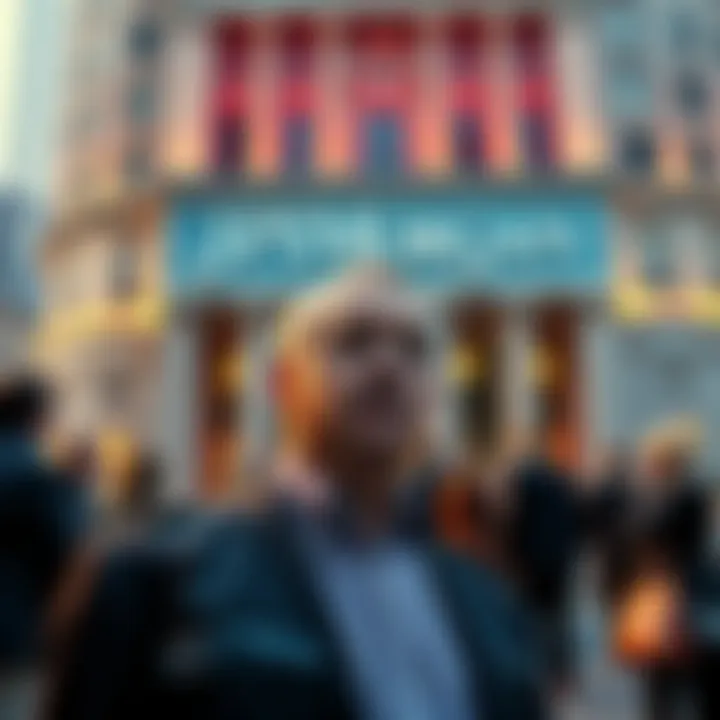 Jack Mallers stands in front of a JPMorgan building, looking concerned as people discuss financial manipulation in the background.