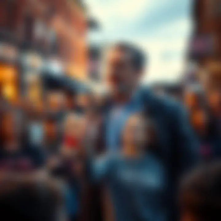 Justin Atwell stands in front of a crowd in Canton, discussing his promotion efforts while locals react with mixed emotions.