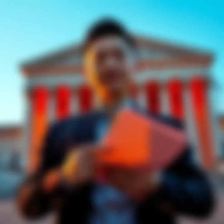 Crypto billionaire Justin Sun standing in front of a courthouse, holding legal documents and looking determined