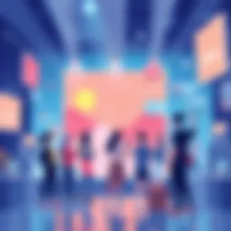 An illustration showing people engaging with K Social's features like live streaming and blogging on a digital platform.