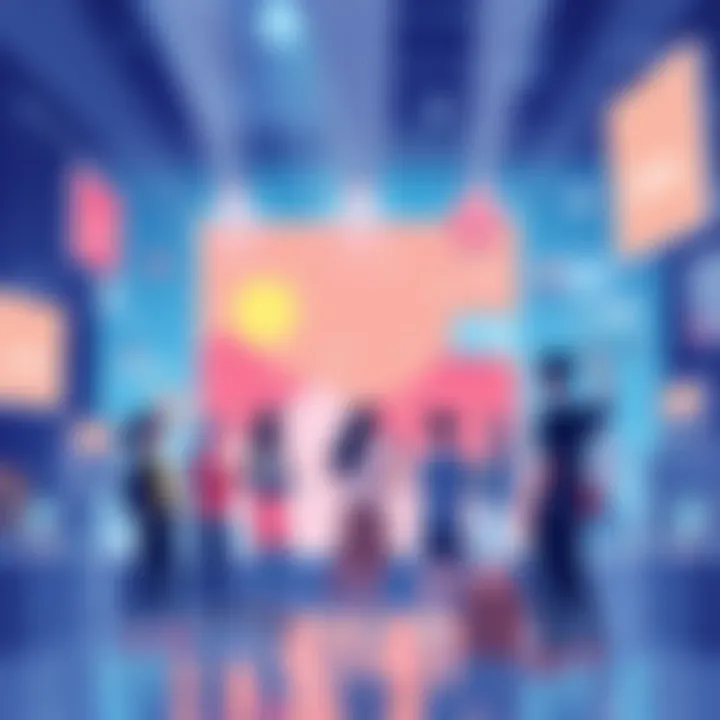 An illustration showing people engaging with K Social's features like live streaming and blogging on a digital platform.