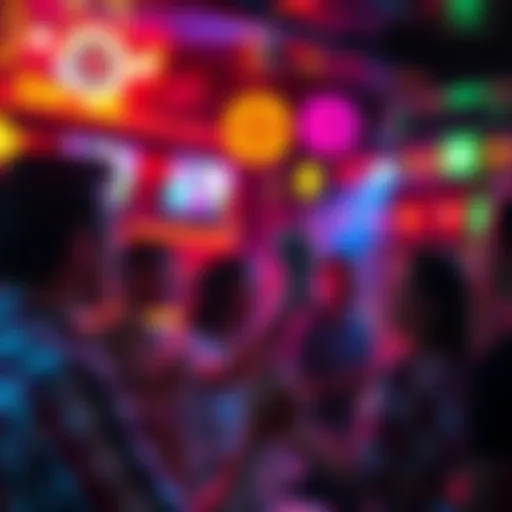 A lively karaoke bar scene with people singing Sleep Token songs, vibrant lights and a microphone in hand.
