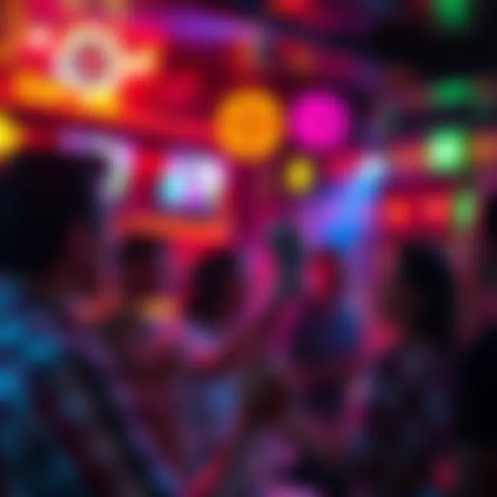 A lively karaoke bar scene with people singing Sleep Token songs, vibrant lights and a microphone in hand.